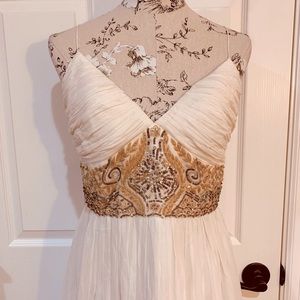Off-white/cream, chiffon, spaghetti strap, gold detail, floor length dress